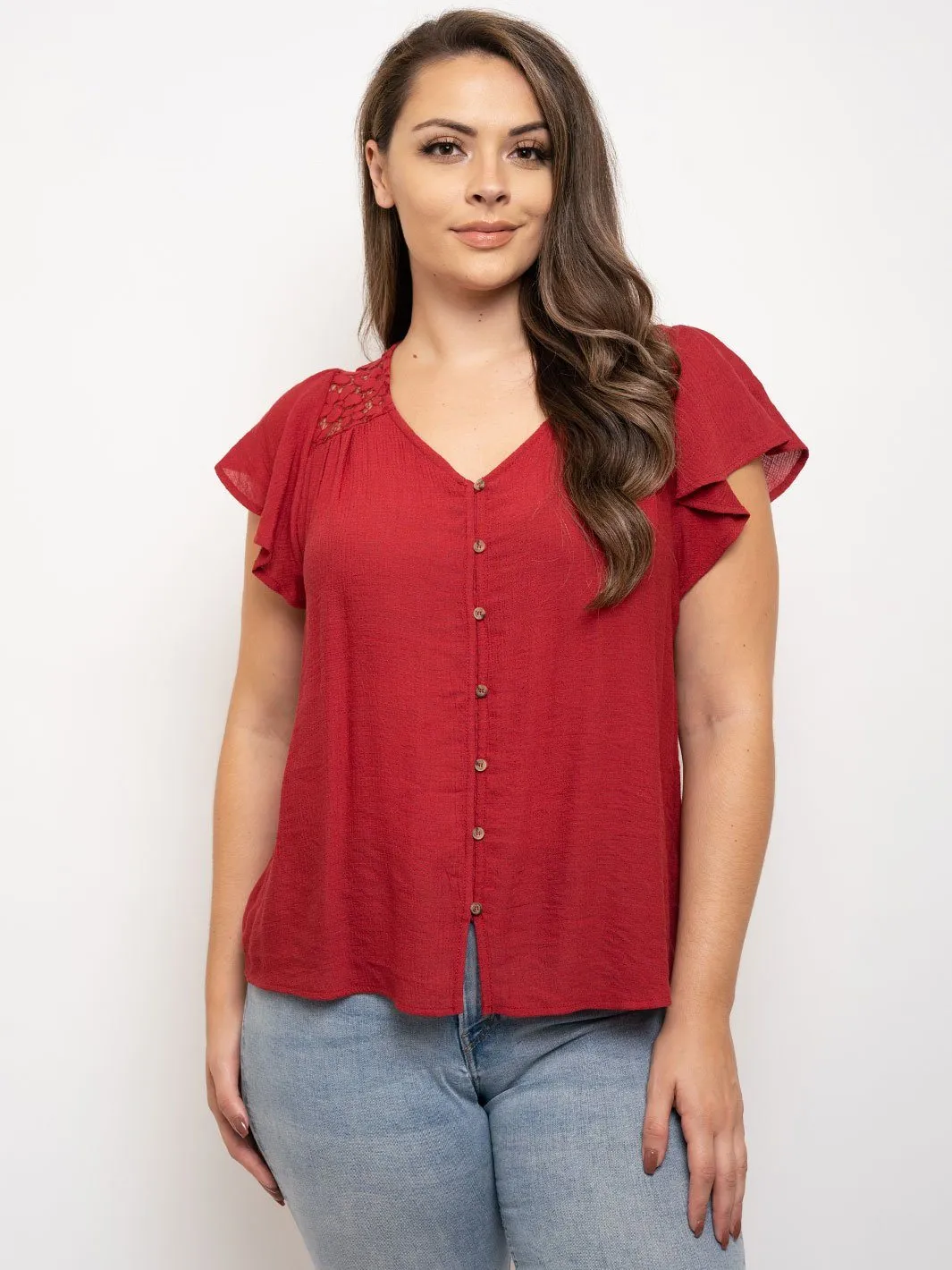 PLUS SIZE LACE BUTTON UP RUFFLE SLEEVE TOP