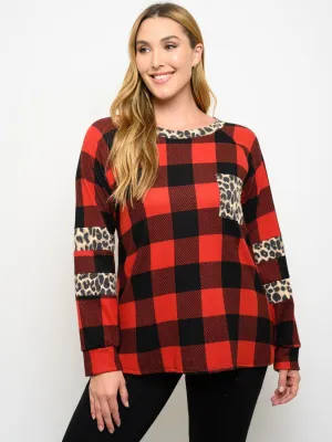 PLUS SIZE LONG SLEEVE PLAID ANIMAL PRINT DETAIL TOP