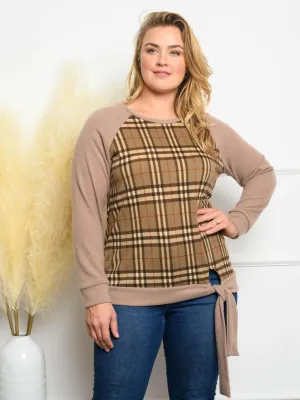 PLUS SIZE PLAID FRONT TIE LONG SLEEVE TOP