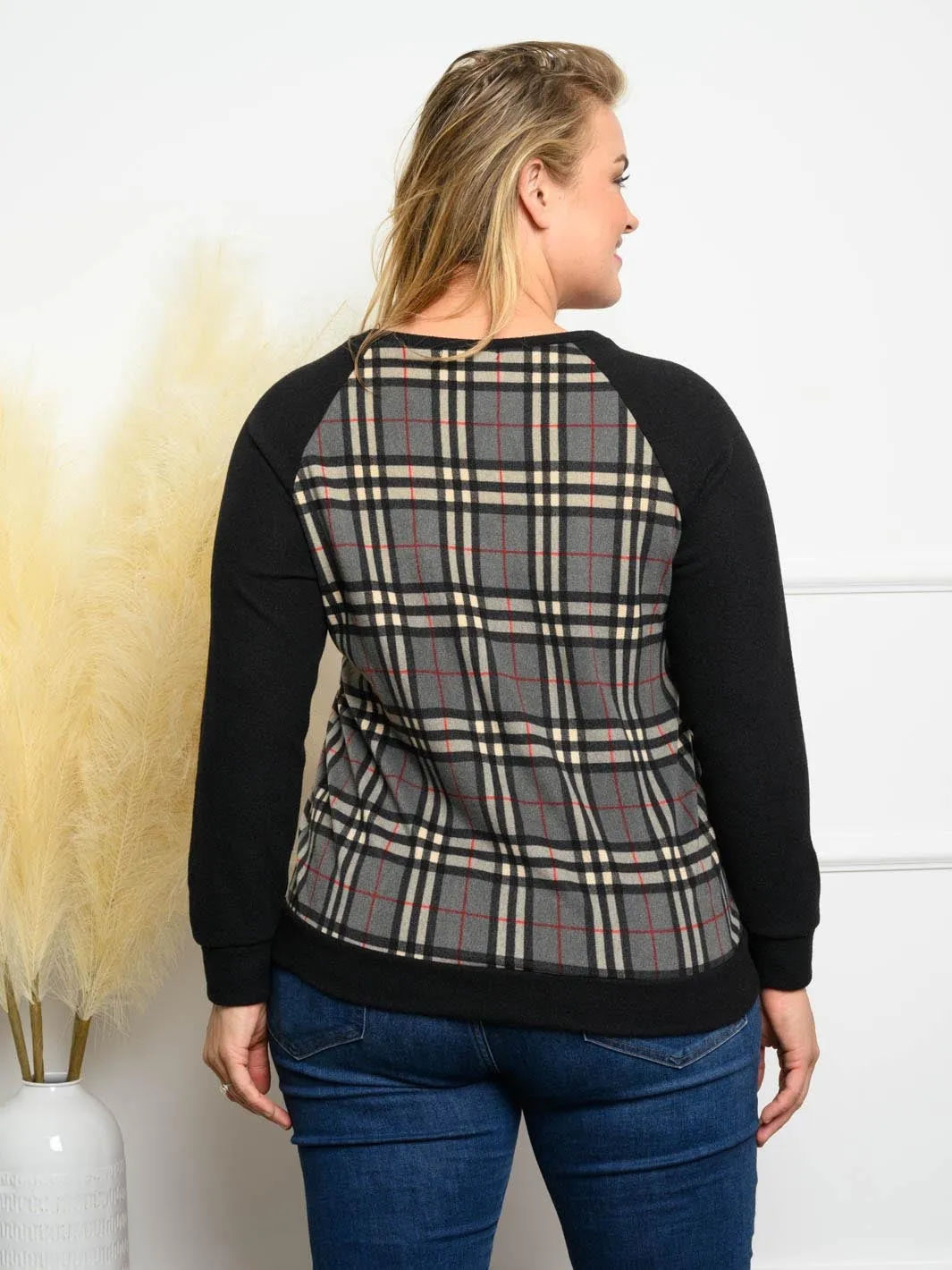 PLUS SIZE PLAID FRONT TIE LONG SLEEVE TOP