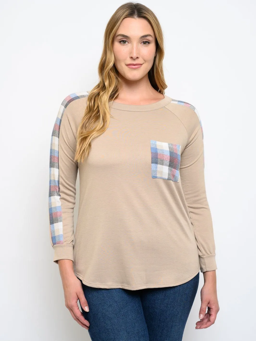 PLUS SIZE PLAID LONG SLEEVE FRONT POCKET TOP