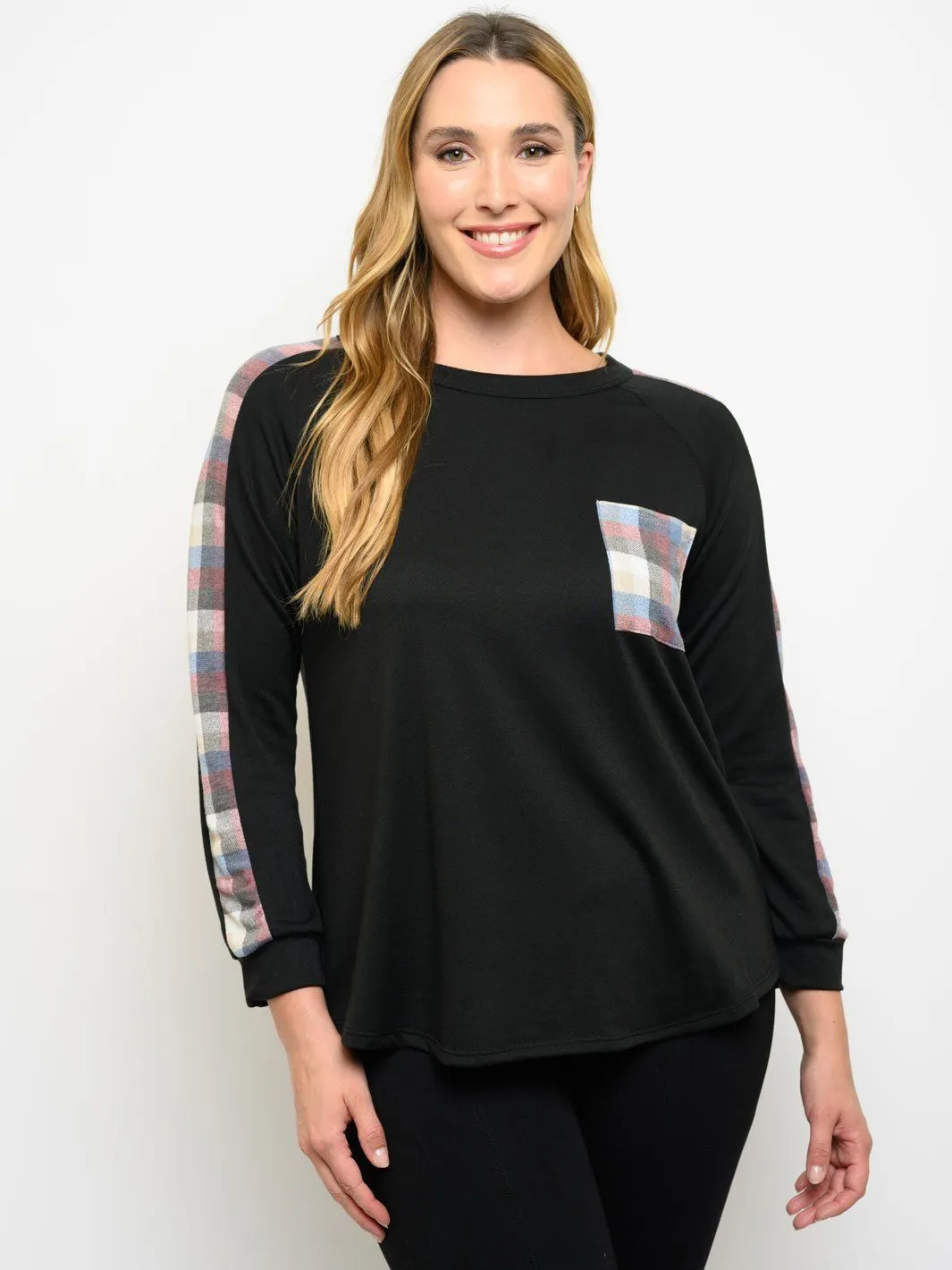 PLUS SIZE PLAID LONG SLEEVE FRONT POCKET TOP