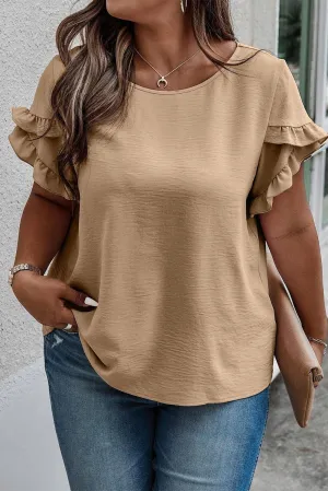 Plus Size Ruffled Petal Sleeve Round Neck Top
