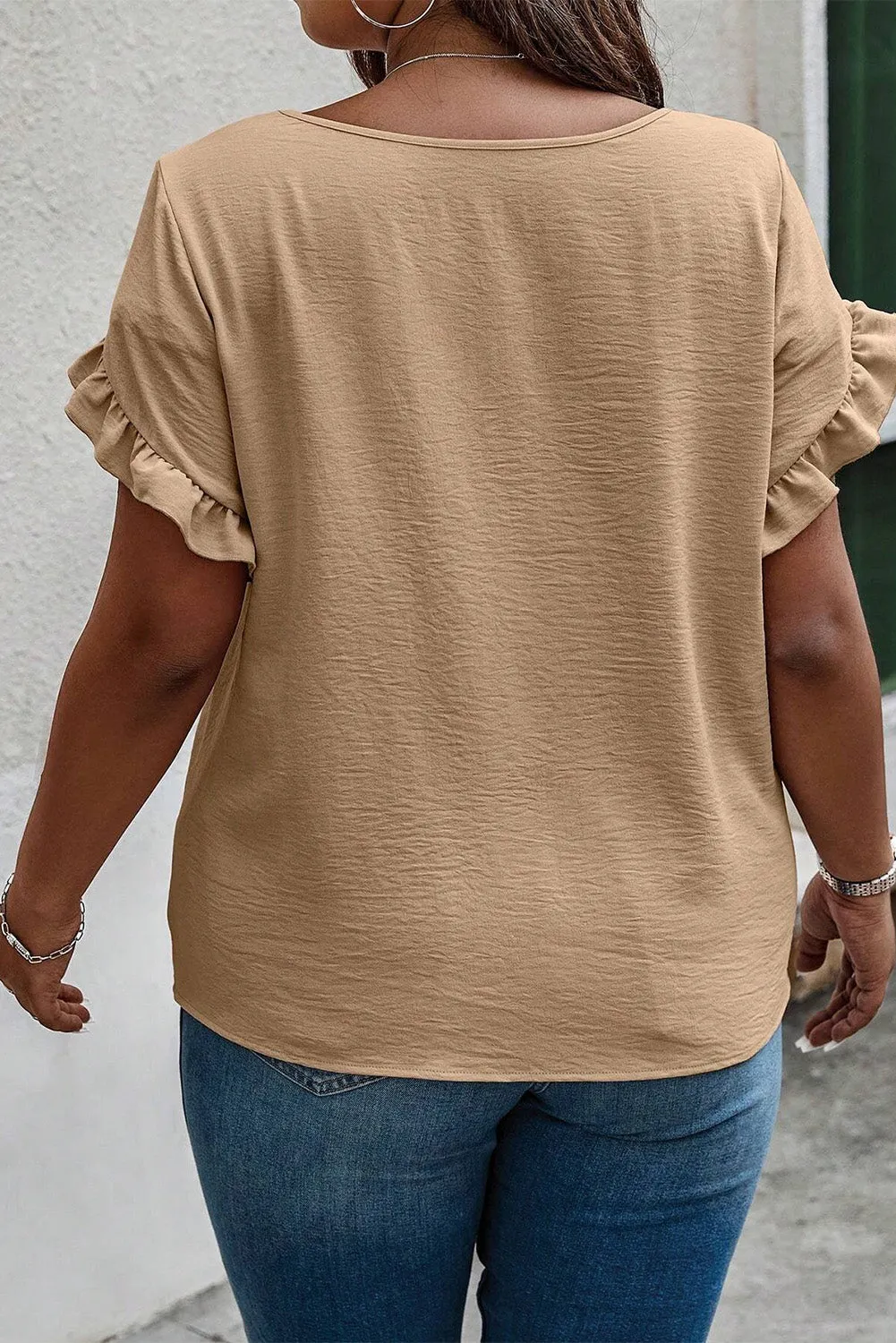 Plus Size Ruffled Petal Sleeve Round Neck Top