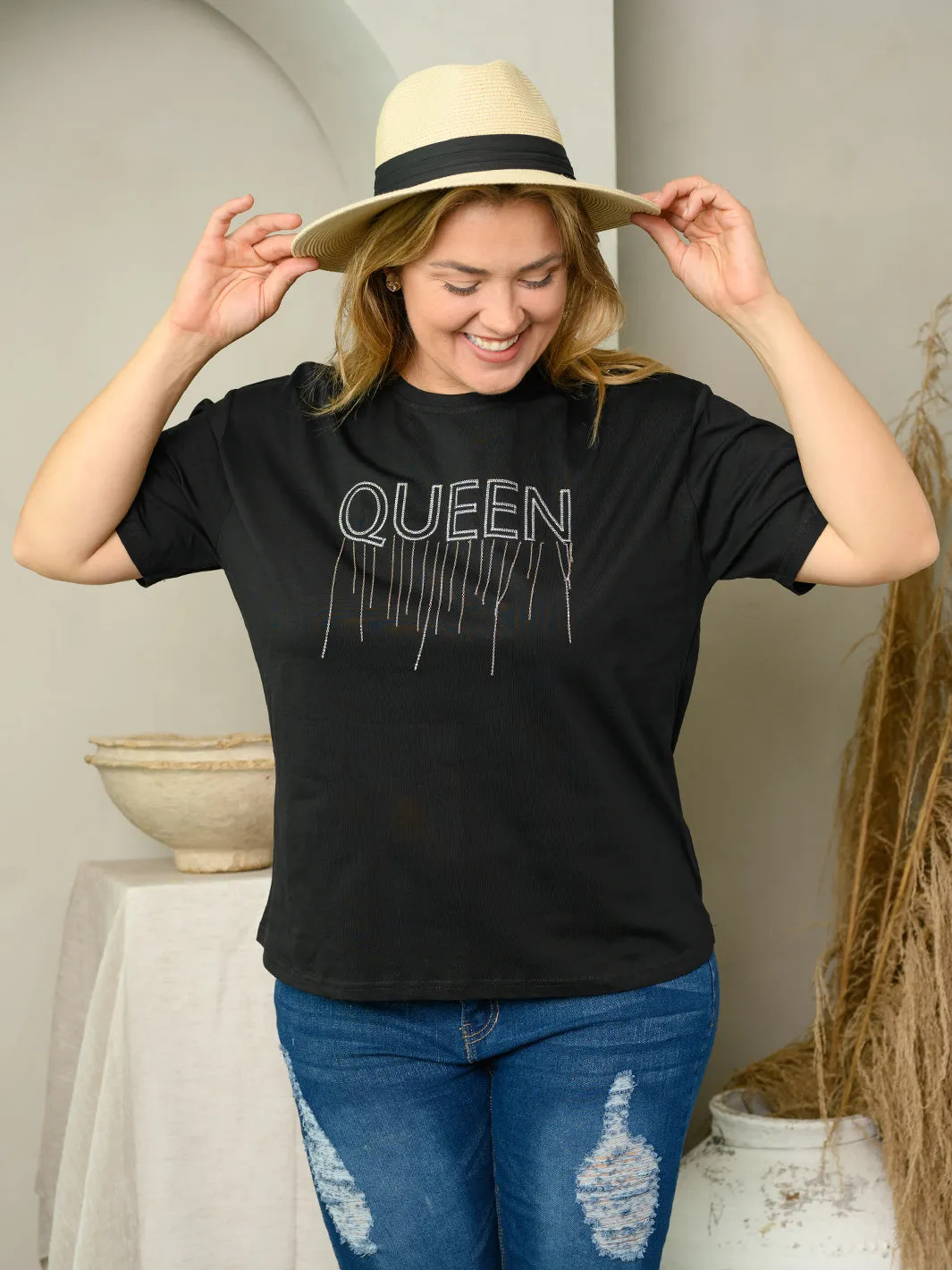 PLUS SIZE SHORT SLEEVE SEQUINS GRAPHIC TOP
