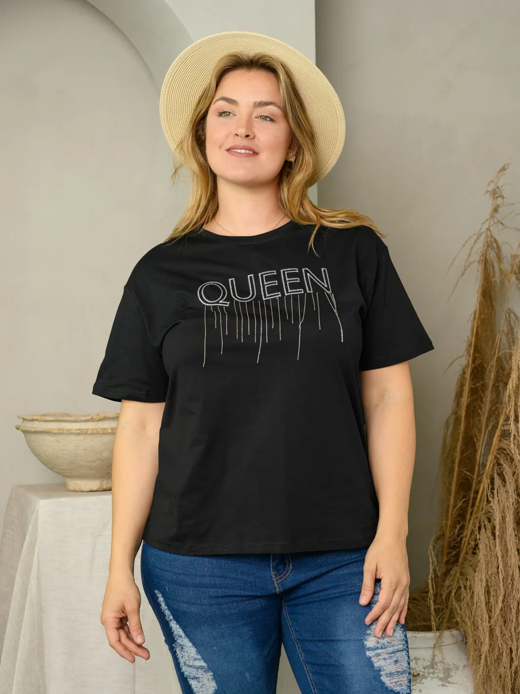 PLUS SIZE SHORT SLEEVE SEQUINS GRAPHIC TOP