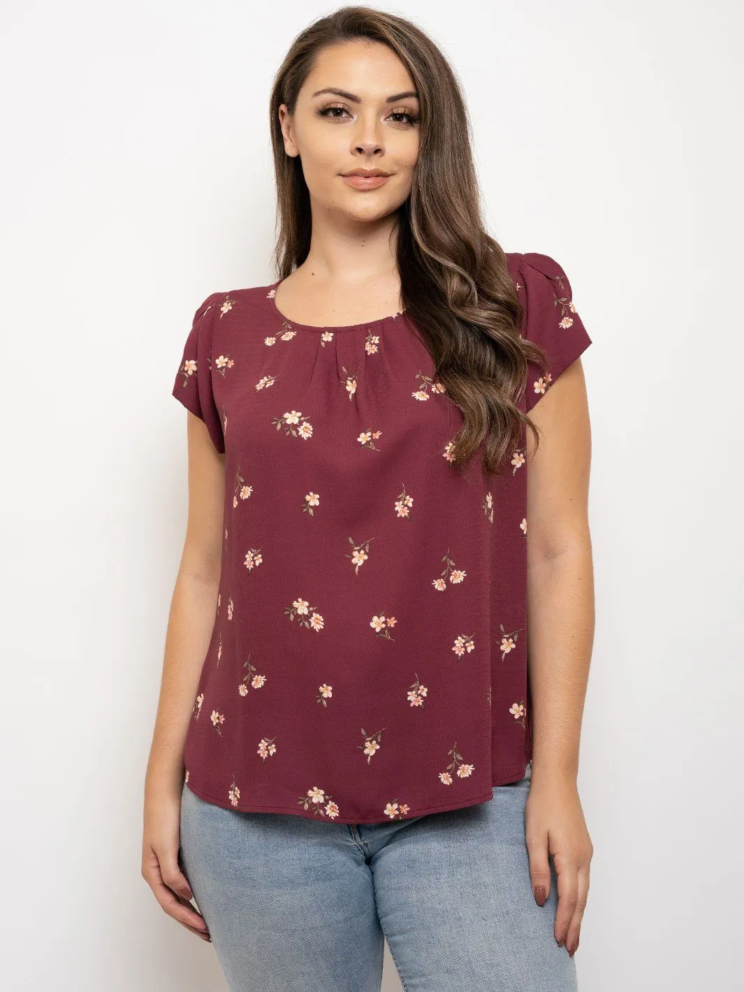 PLUS SIZE TULIP SLEEVE FLORAL TOP