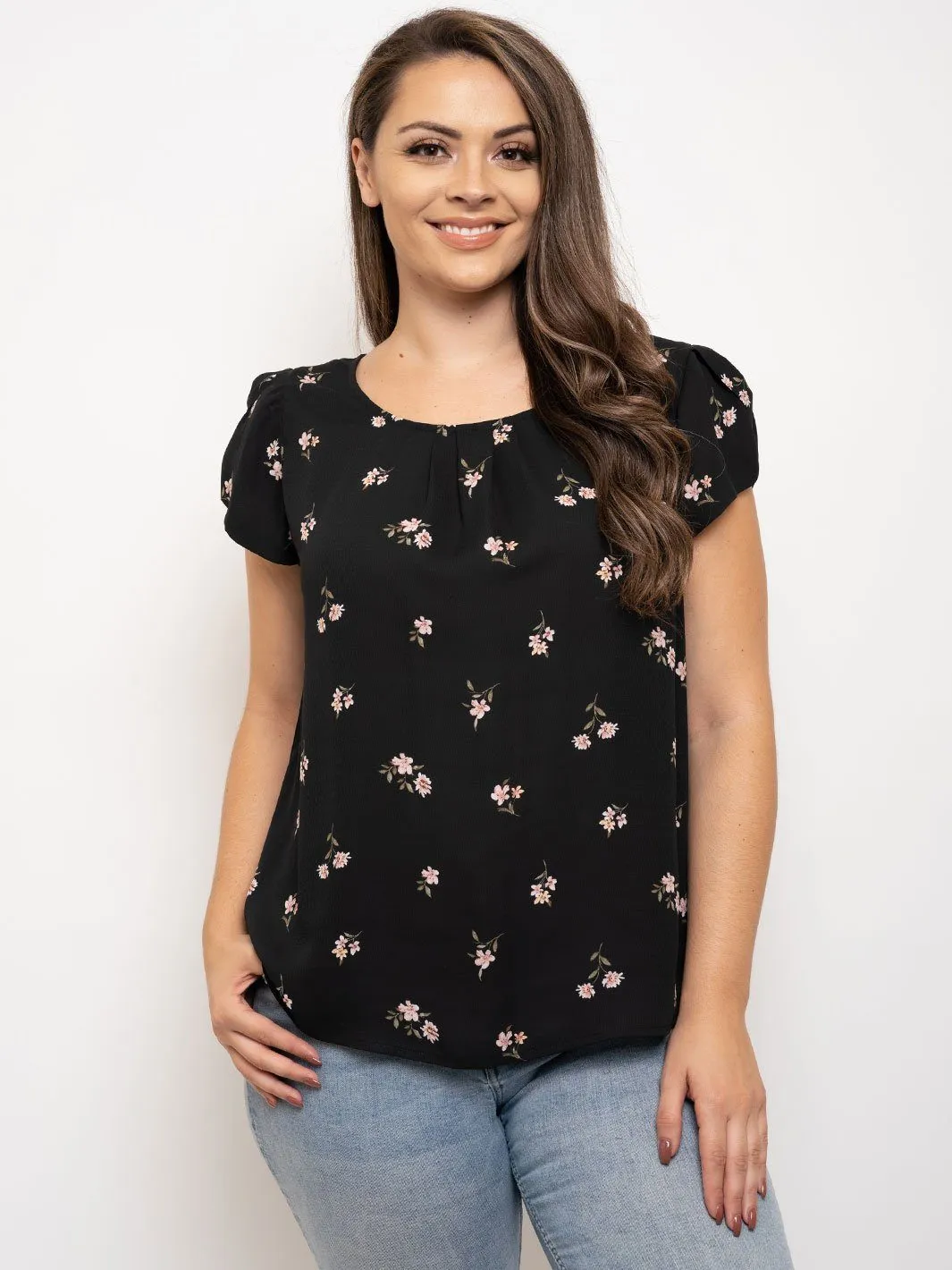 PLUS SIZE TULIP SLEEVE FLORAL TOP