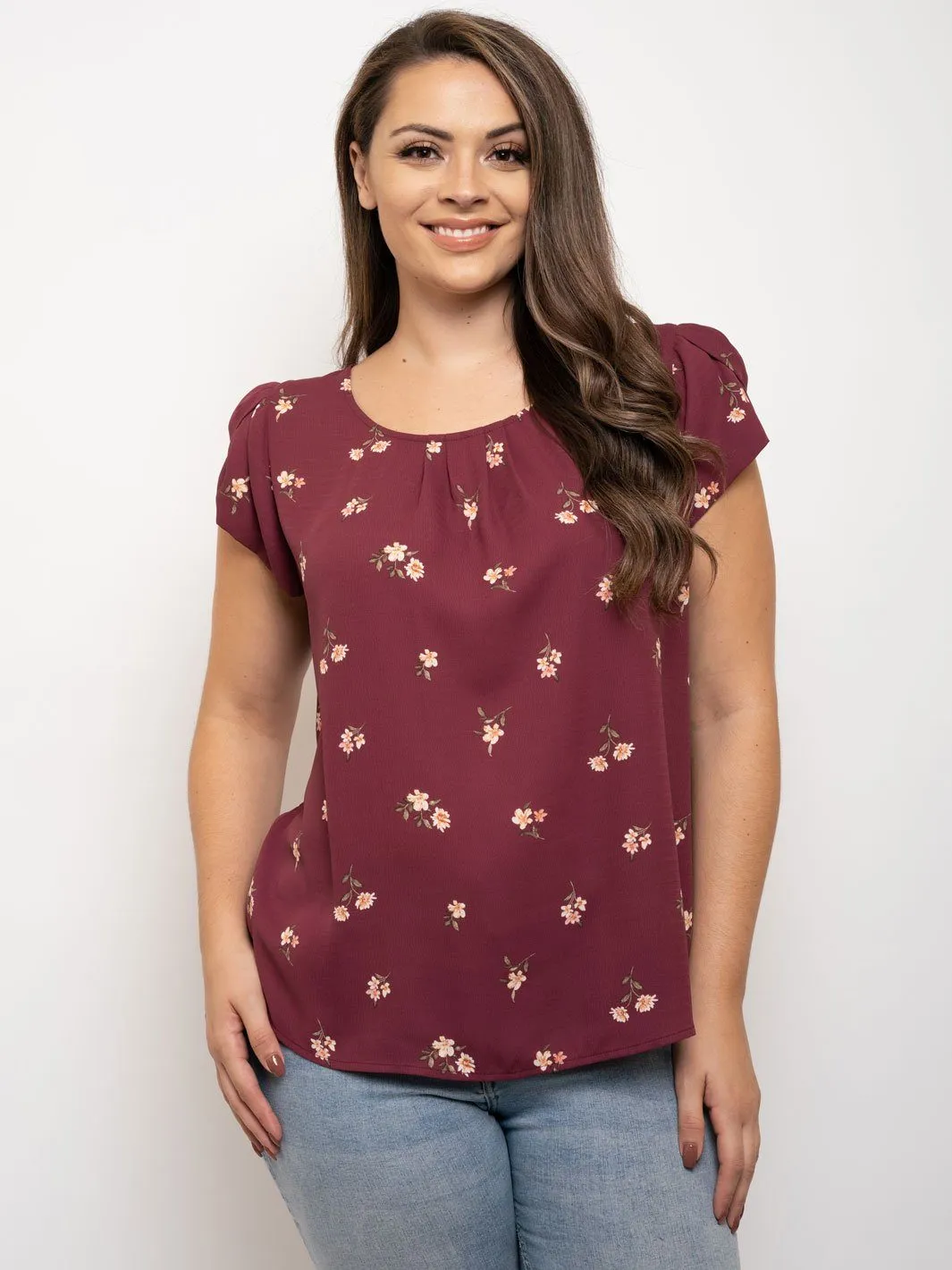 PLUS SIZE TULIP SLEEVE FLORAL TOP