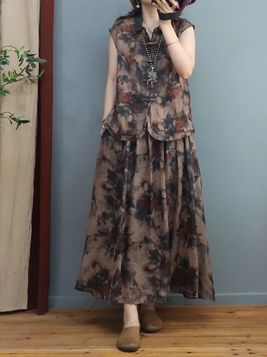 Plus Size Women Summer Ethnic Ink Flower Ramie Shirt/Skirt