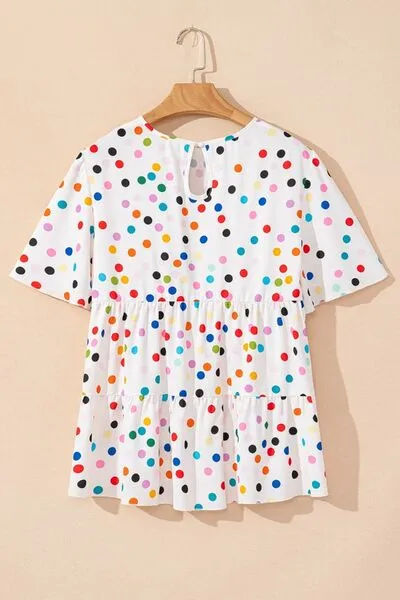 Polka Dot Short Sleeve Tiered Ruffled Babydoll Blouse