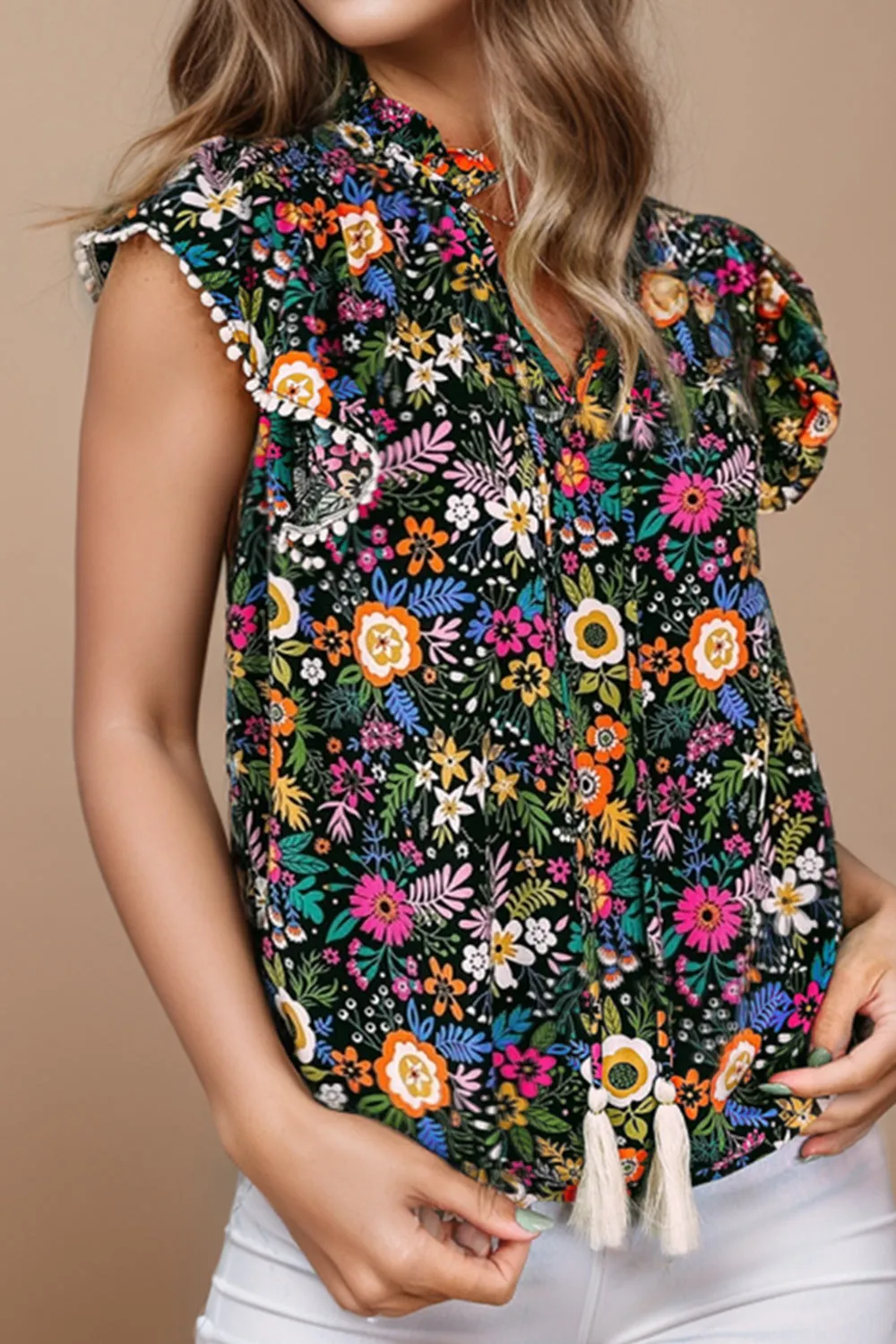 Polly Tassel Printed Cap Sleeve Blouse