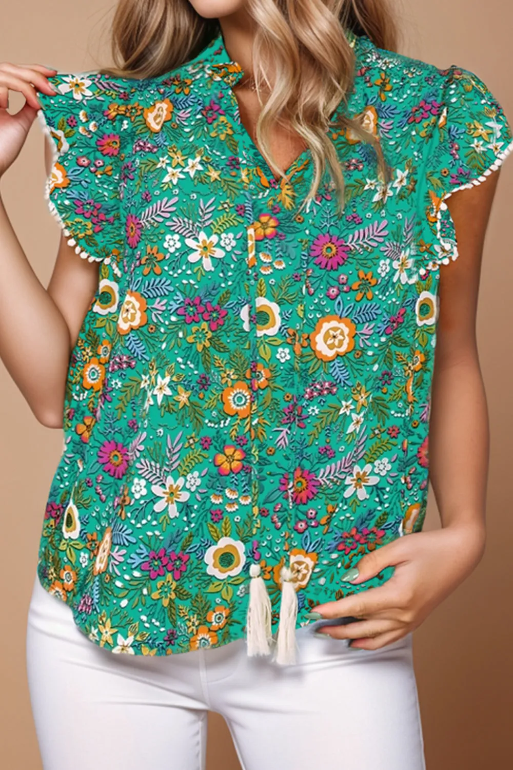 Polly Tassel Printed Cap Sleeve Blouse