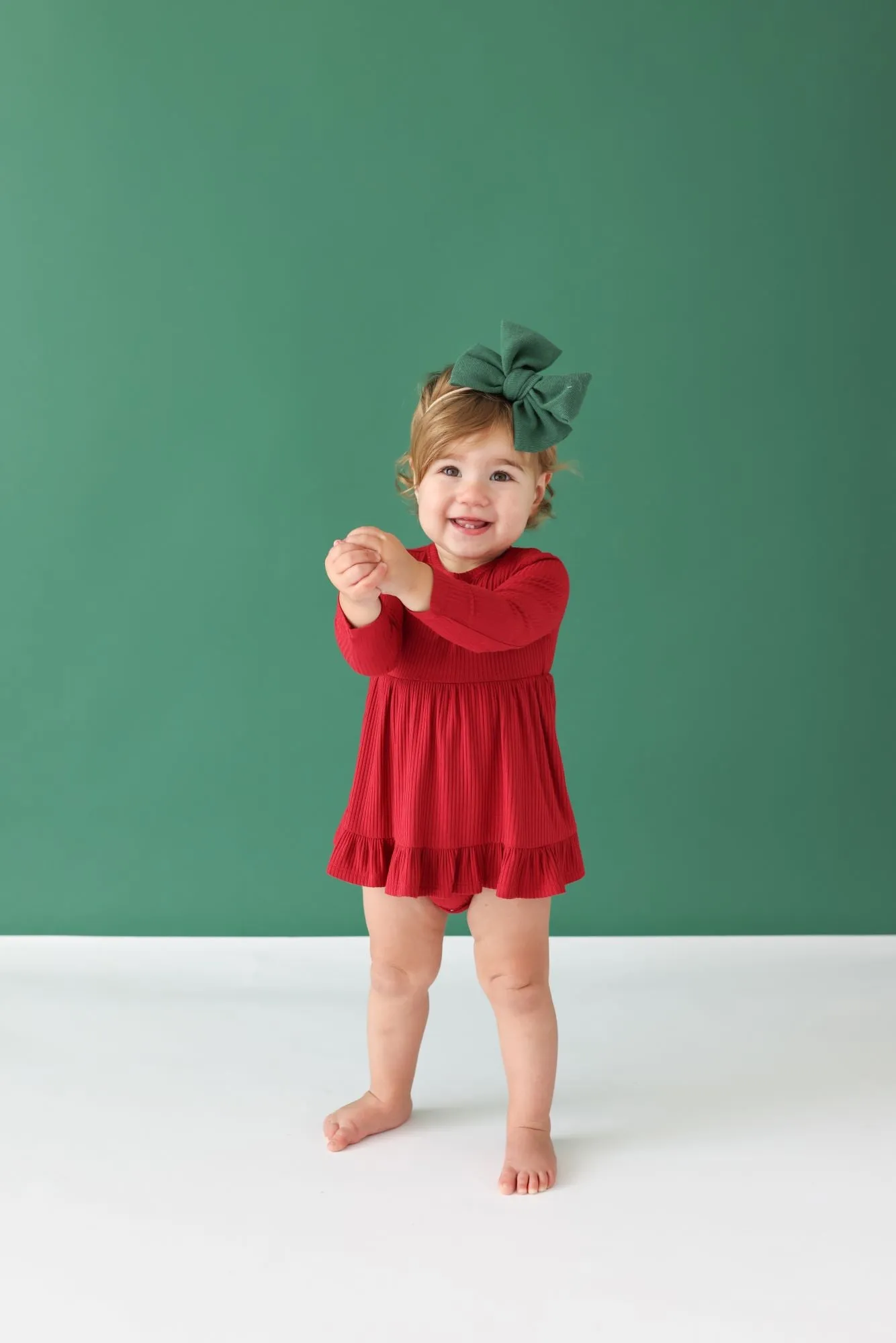 Posh Peanut Dark Red Solid Ribbed L/S Ruffled Bodysuit Dress