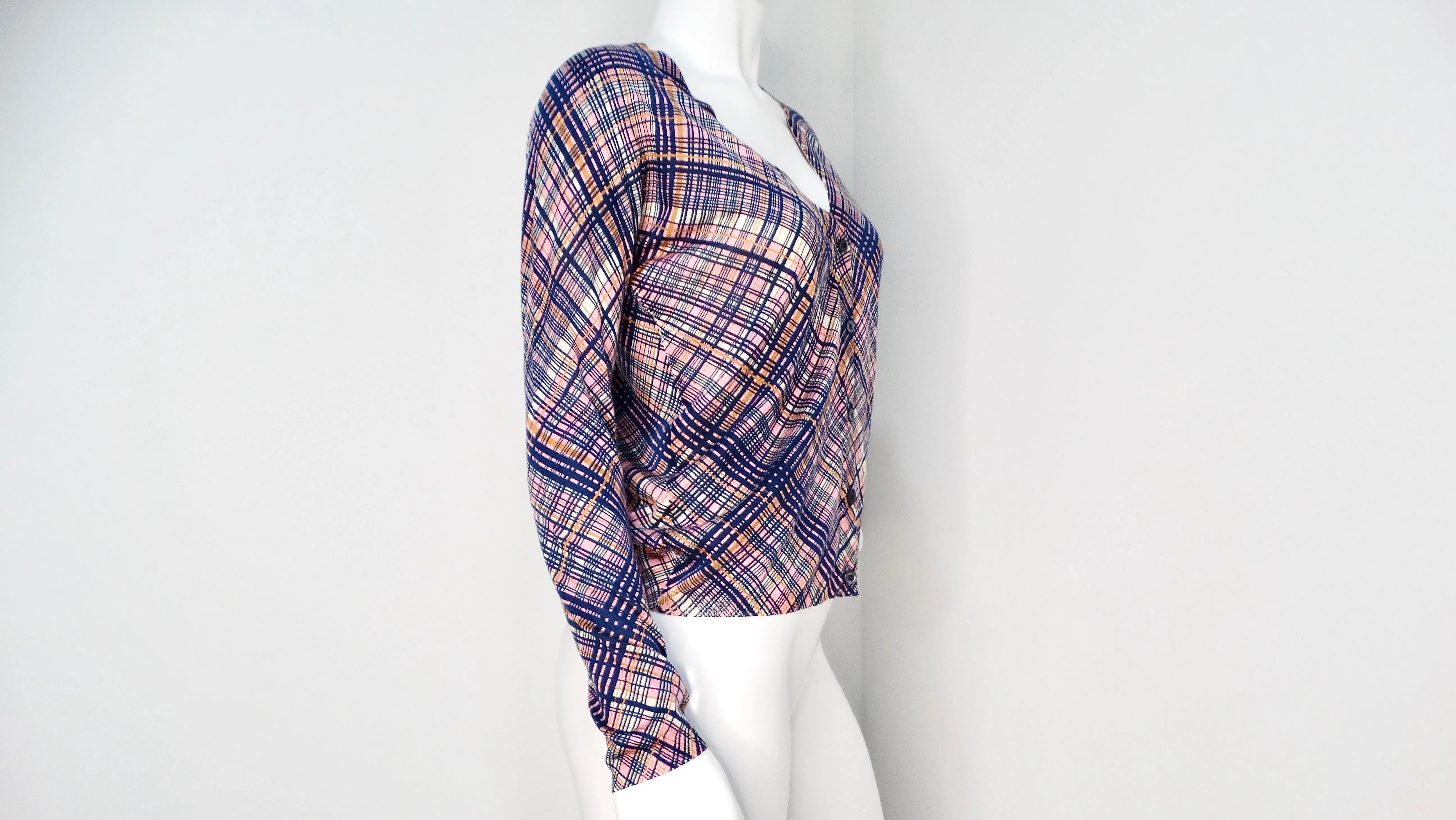 Prada Pink & Navy Blue Plaid Cardigan