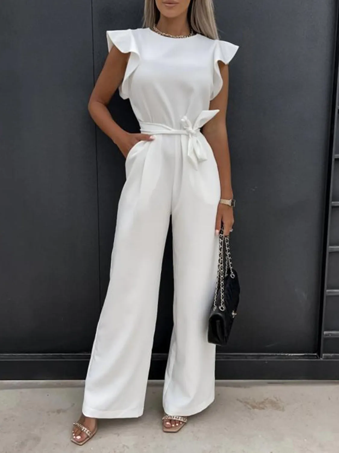 PREORDER Ruffled Round Neck Cap Sleeve Jumpsuit