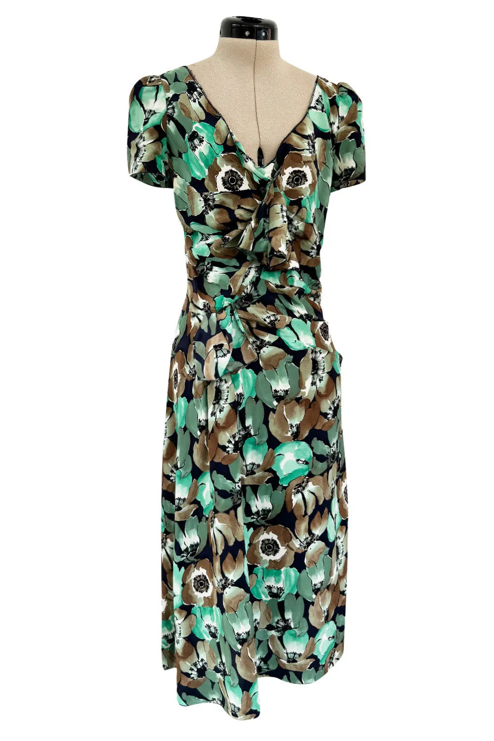 Prettiest 2019/2020 Prada 40s Inspired Lightweight Silk Dress w Green Floral Print & Ruffled Details