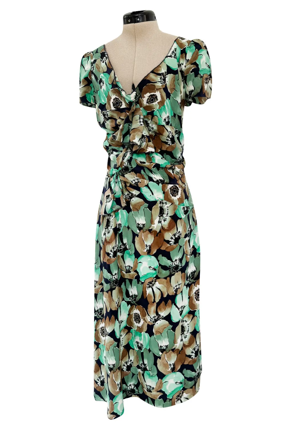 Prettiest 2019/2020 Prada 40s Inspired Lightweight Silk Dress w Green Floral Print & Ruffled Details
