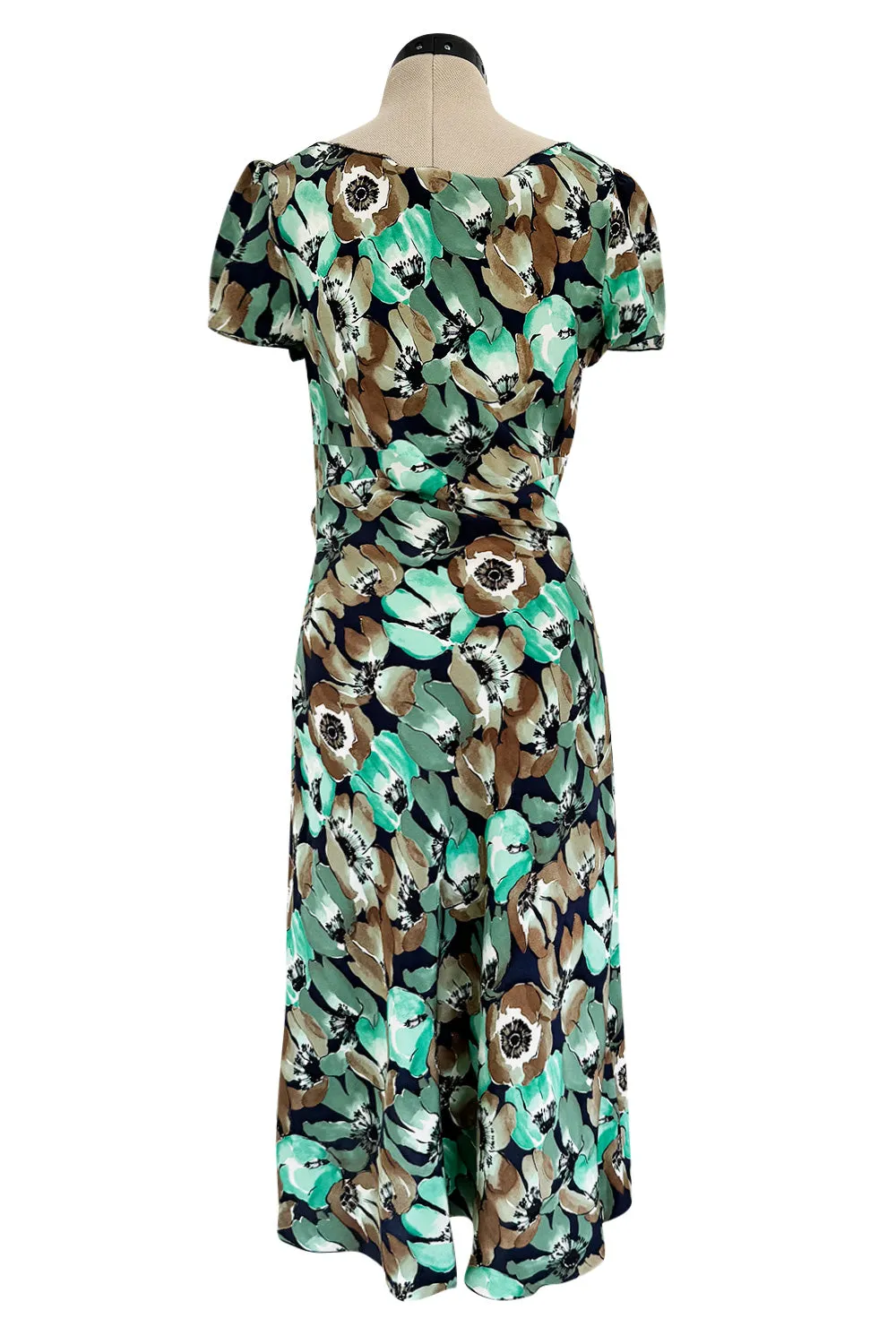 Prettiest 2019/2020 Prada 40s Inspired Lightweight Silk Dress w Green Floral Print & Ruffled Details