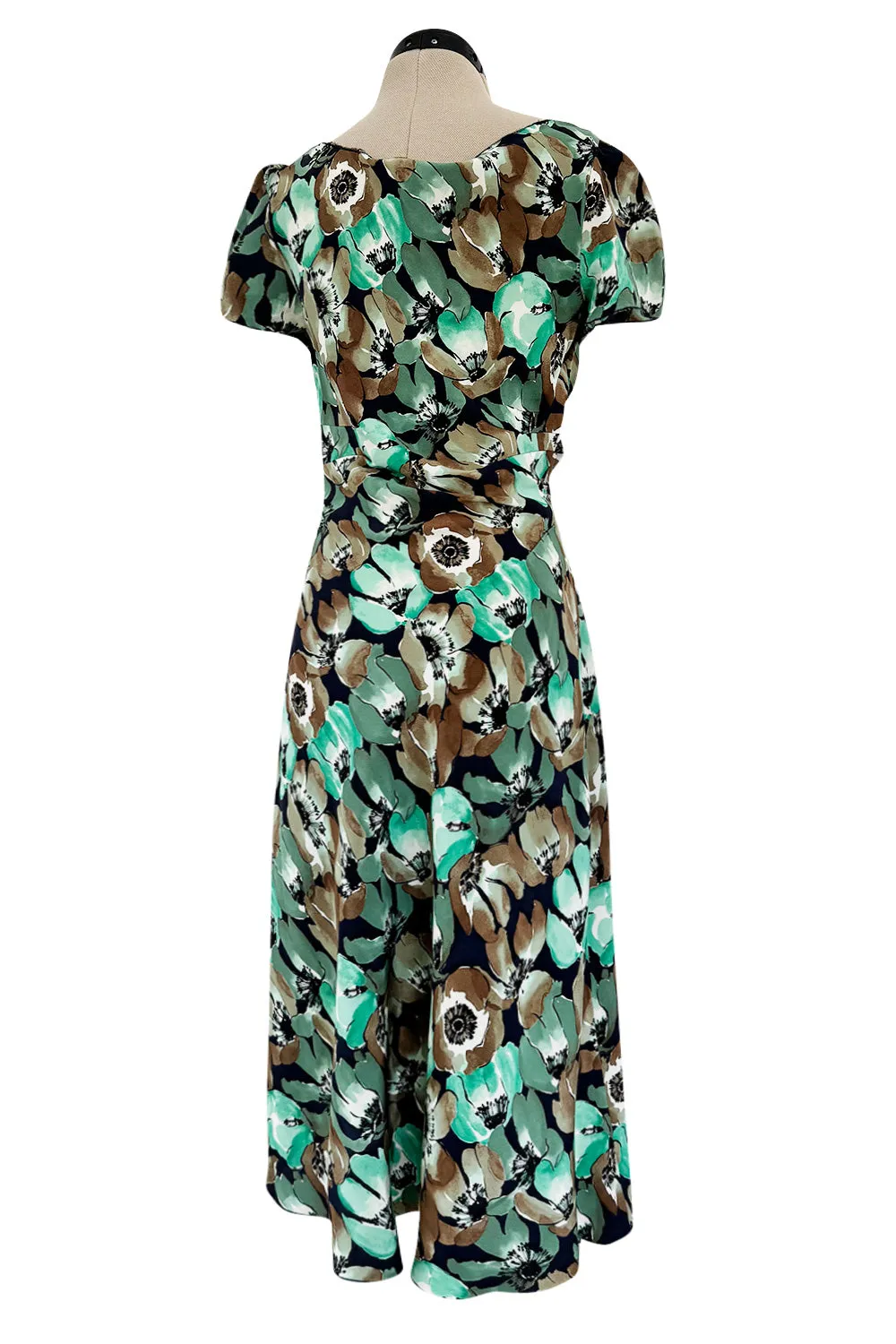 Prettiest 2019/2020 Prada 40s Inspired Lightweight Silk Dress w Green Floral Print & Ruffled Details