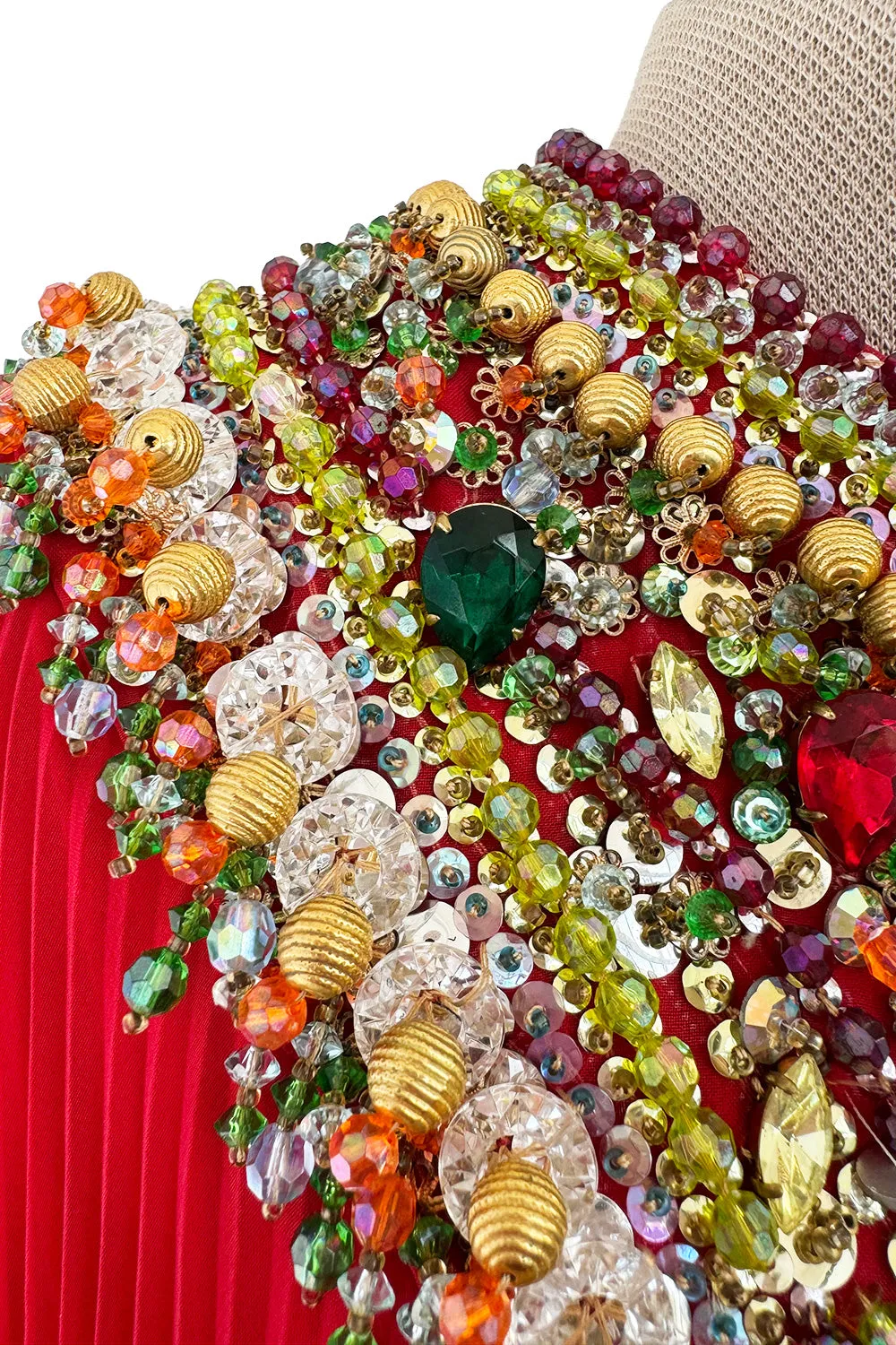 Prettiest Unlabeled 1960s Red Pleated Chiffon Dress w Densely Beaded & Sequin Bib Collar