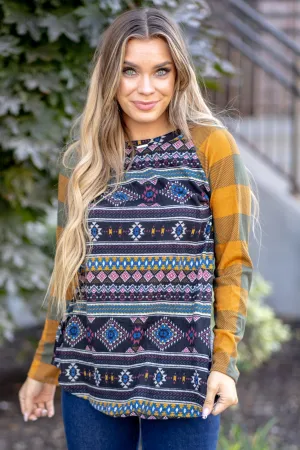 Print Contrast Plaid Long Sleeve T-Shirt Regular & Plus Sizes