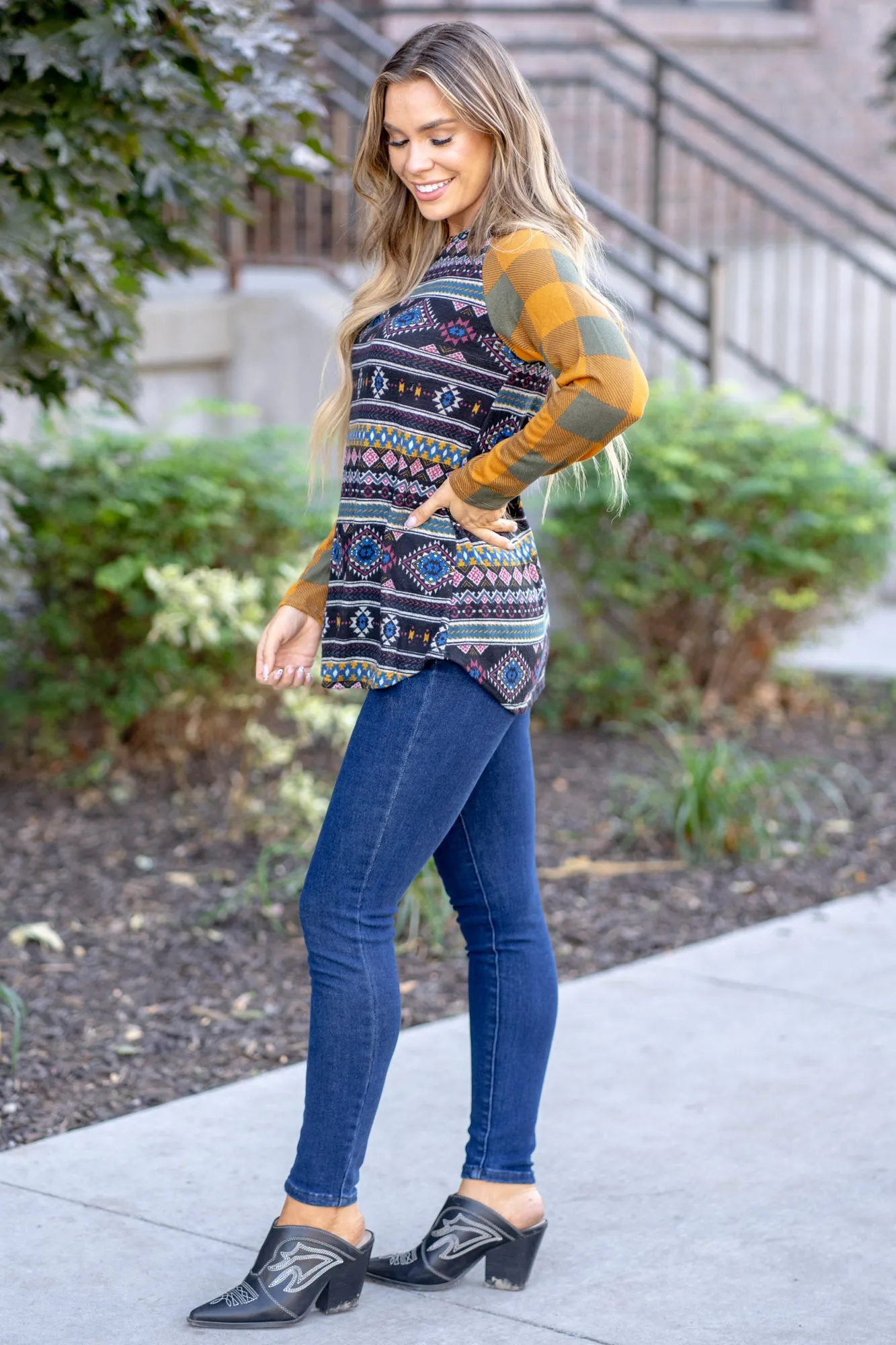 Print Contrast Plaid Long Sleeve T-Shirt Regular & Plus Sizes