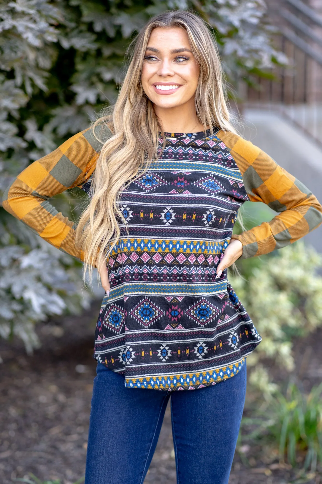 Print Contrast Plaid Long Sleeve T-Shirt Regular & Plus Sizes