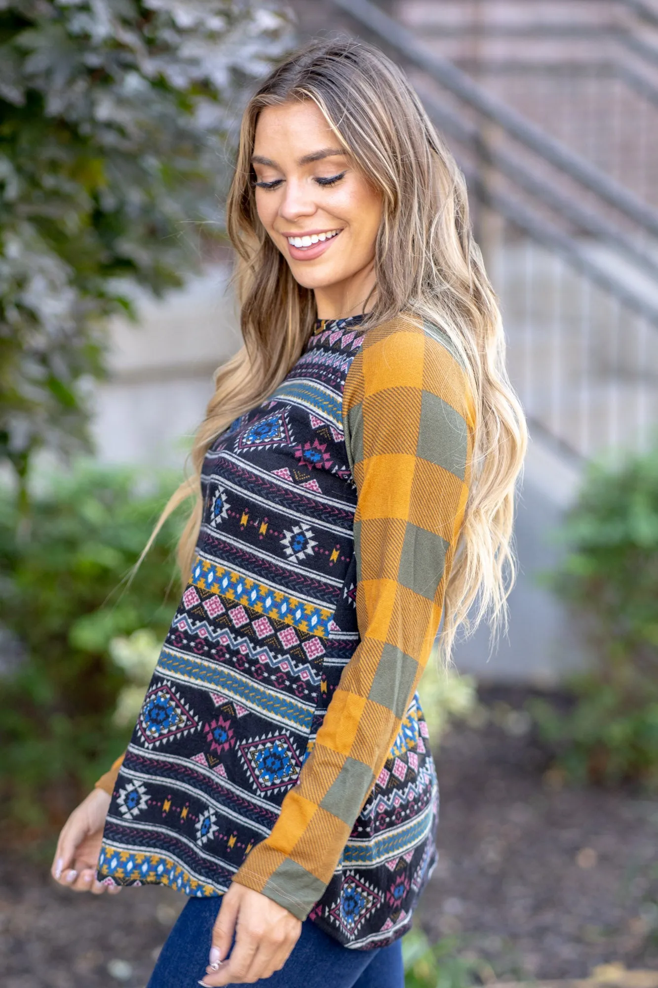 Print Contrast Plaid Long Sleeve T-Shirt Regular & Plus Sizes