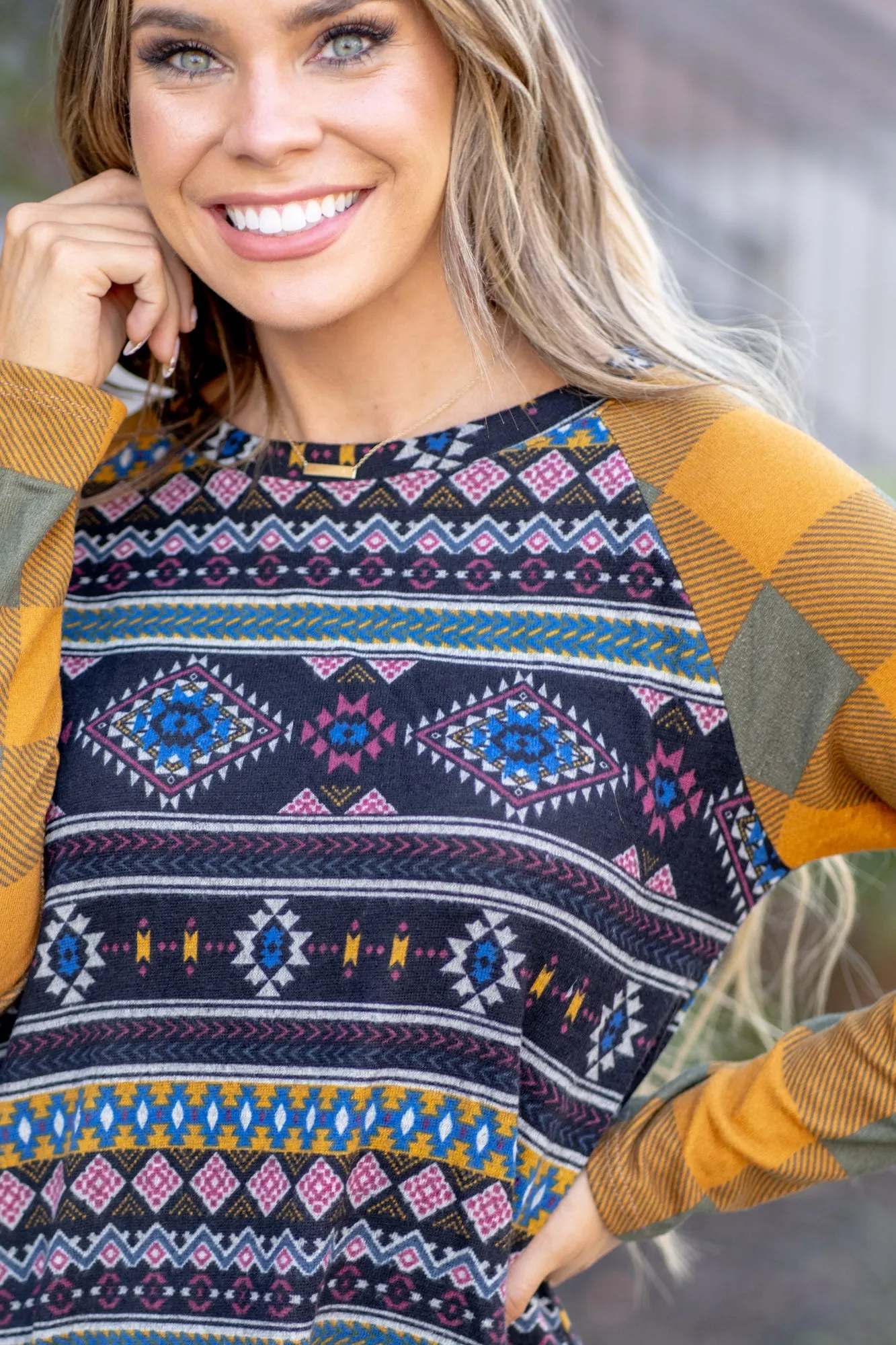 Print Contrast Plaid Long Sleeve T-Shirt Regular & Plus Sizes