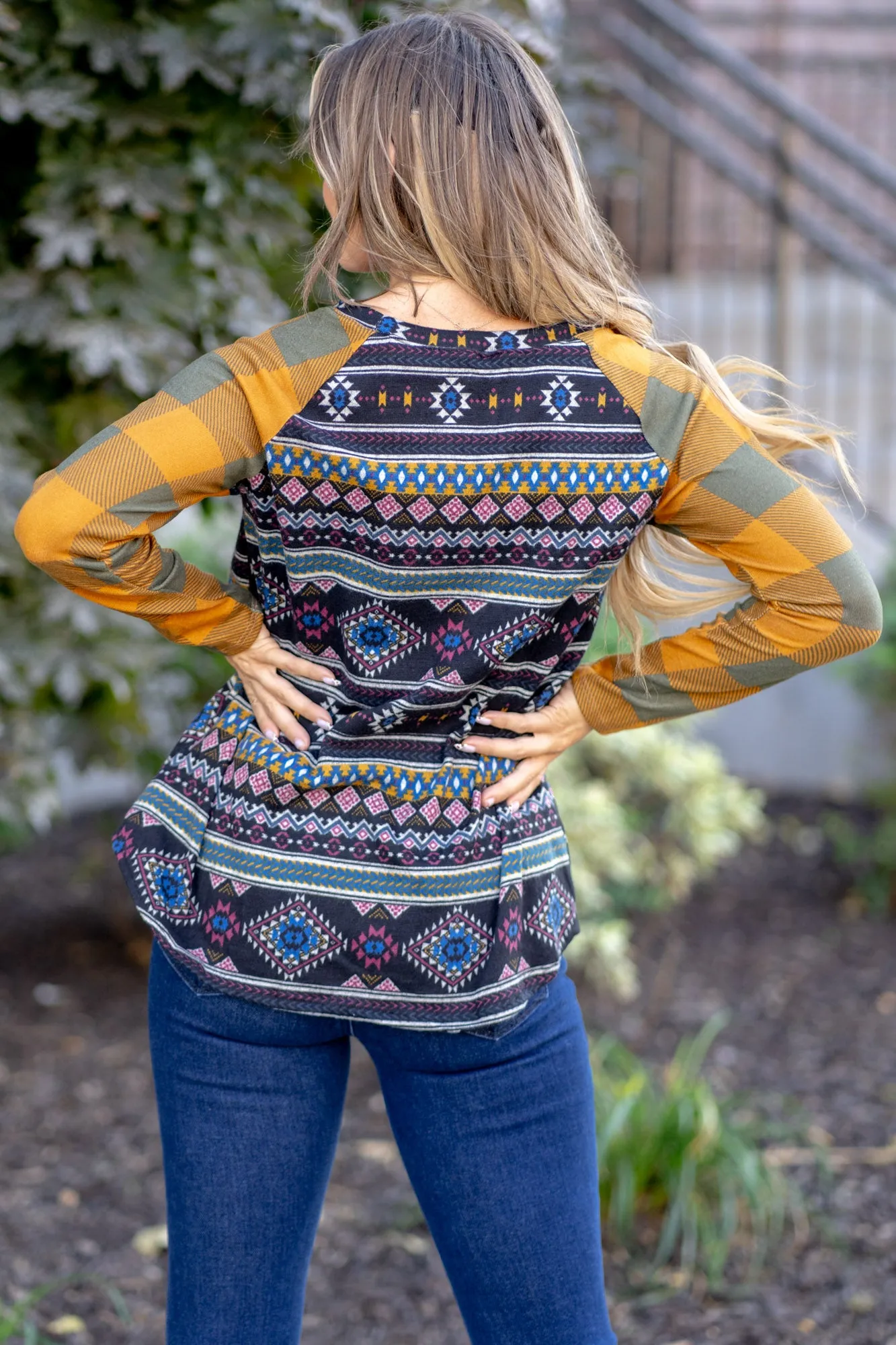Print Contrast Plaid Long Sleeve T-Shirt Regular & Plus Sizes