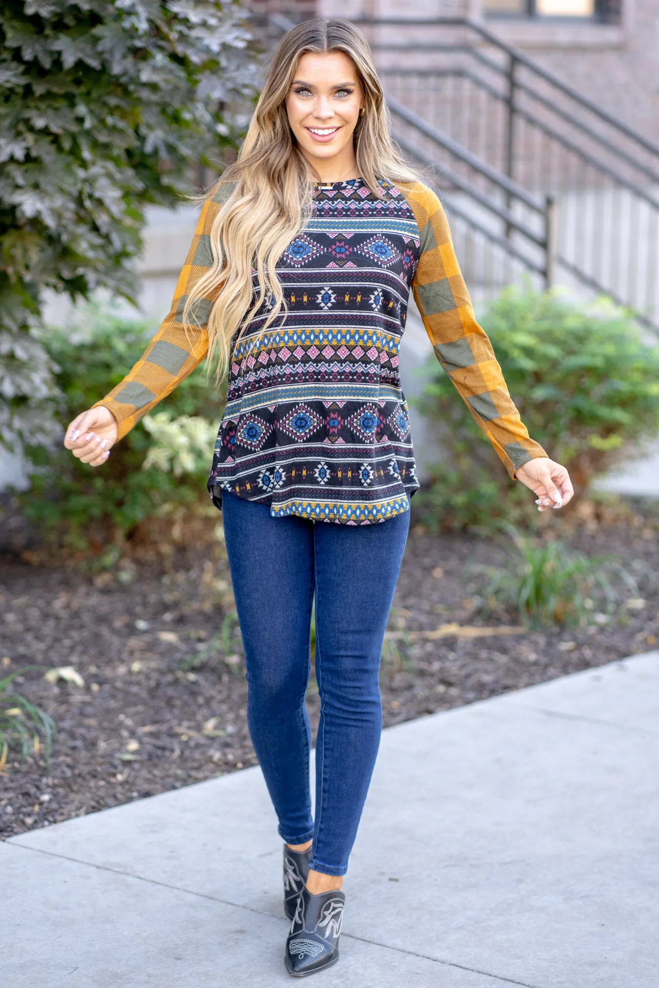 Print Contrast Plaid Long Sleeve T-Shirt Regular & Plus Sizes
