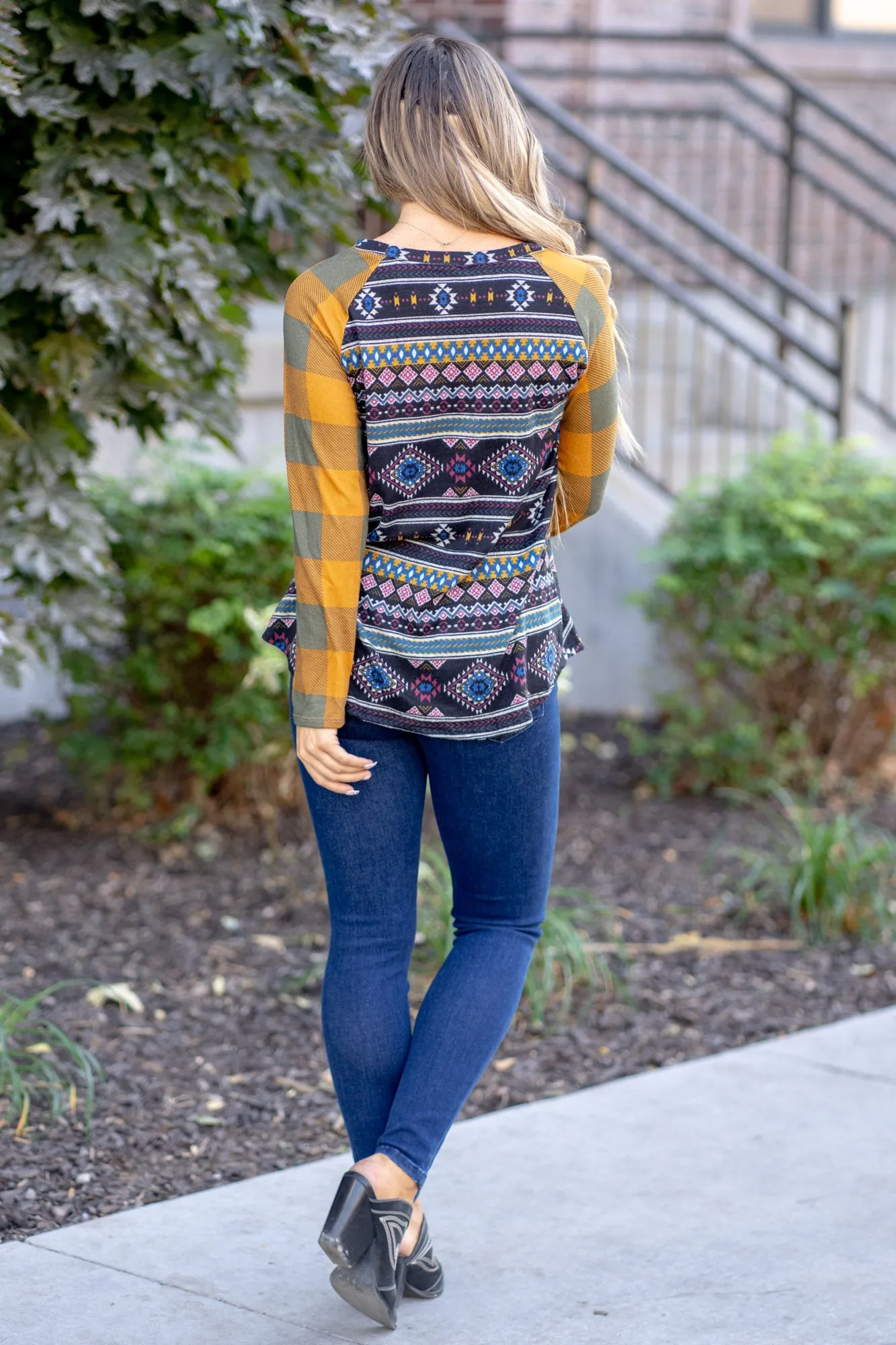 Print Contrast Plaid Long Sleeve T-Shirt Regular & Plus Sizes
