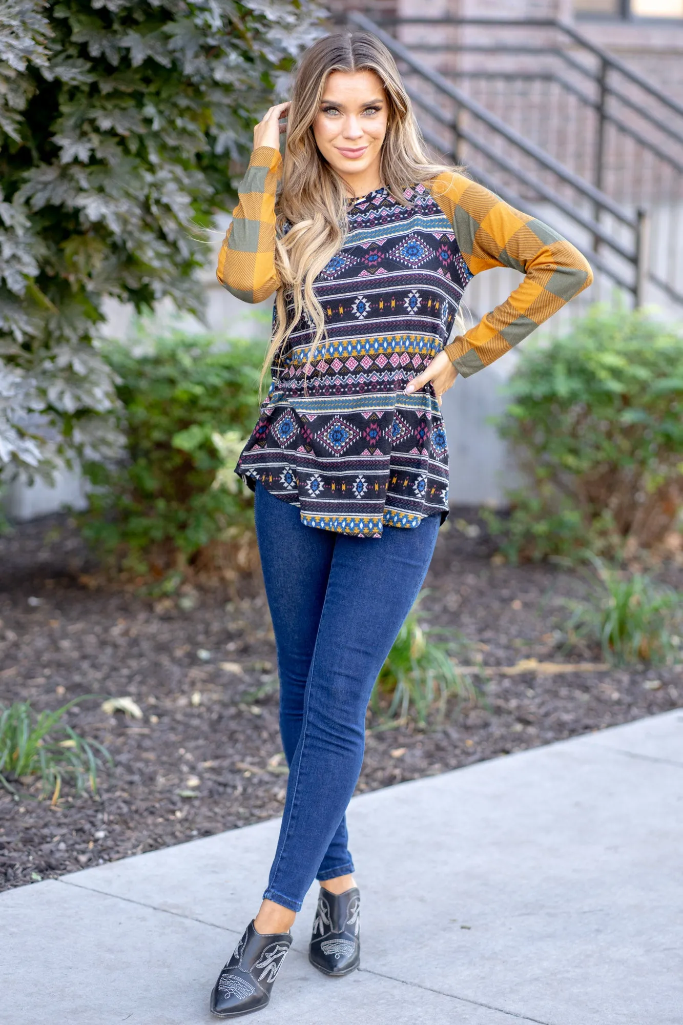 Print Contrast Plaid Long Sleeve T-Shirt Regular & Plus Sizes