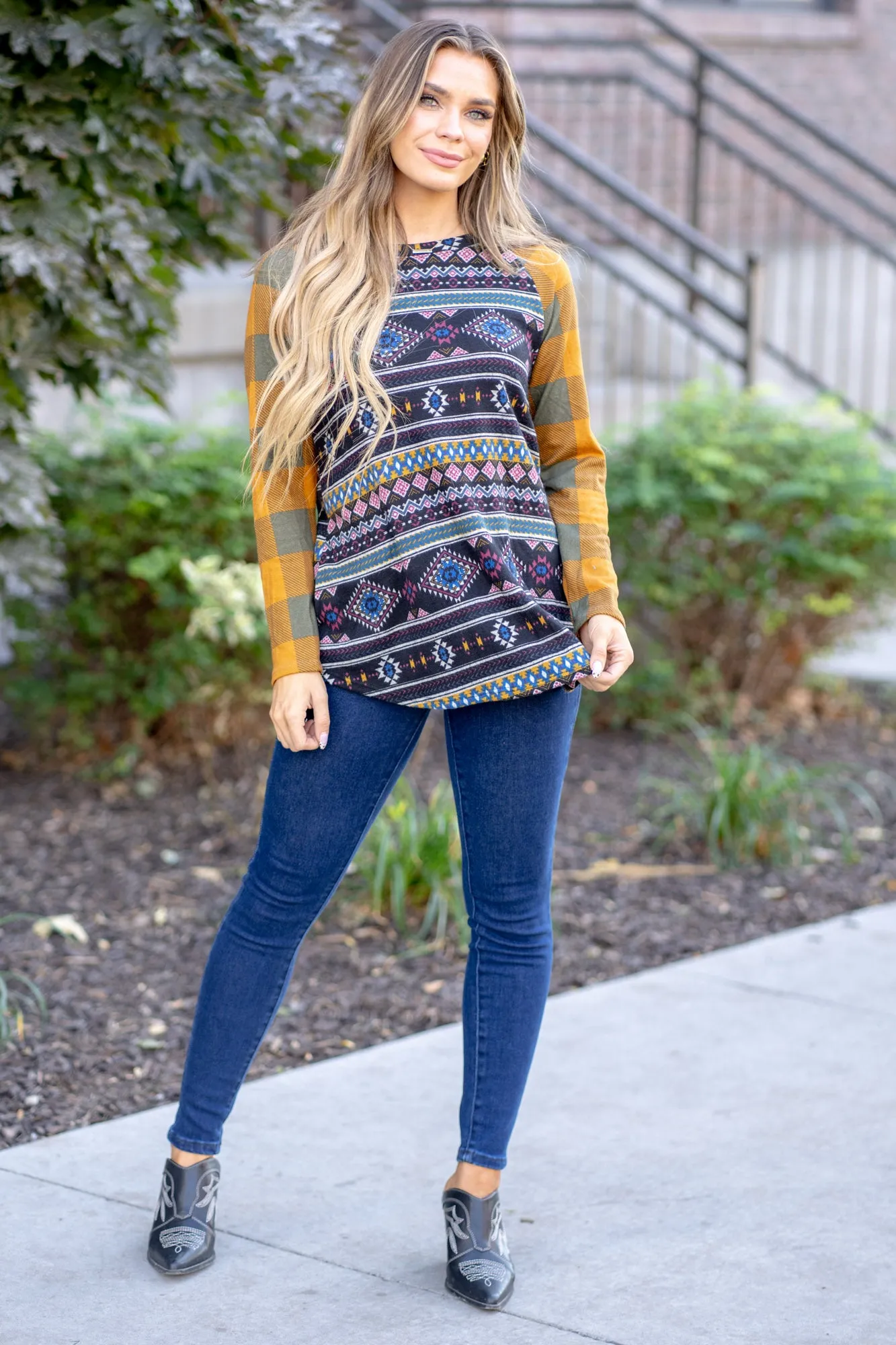 Print Contrast Plaid Long Sleeve T-Shirt Regular & Plus Sizes