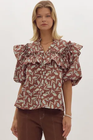 printed button v-neck ss ruffled