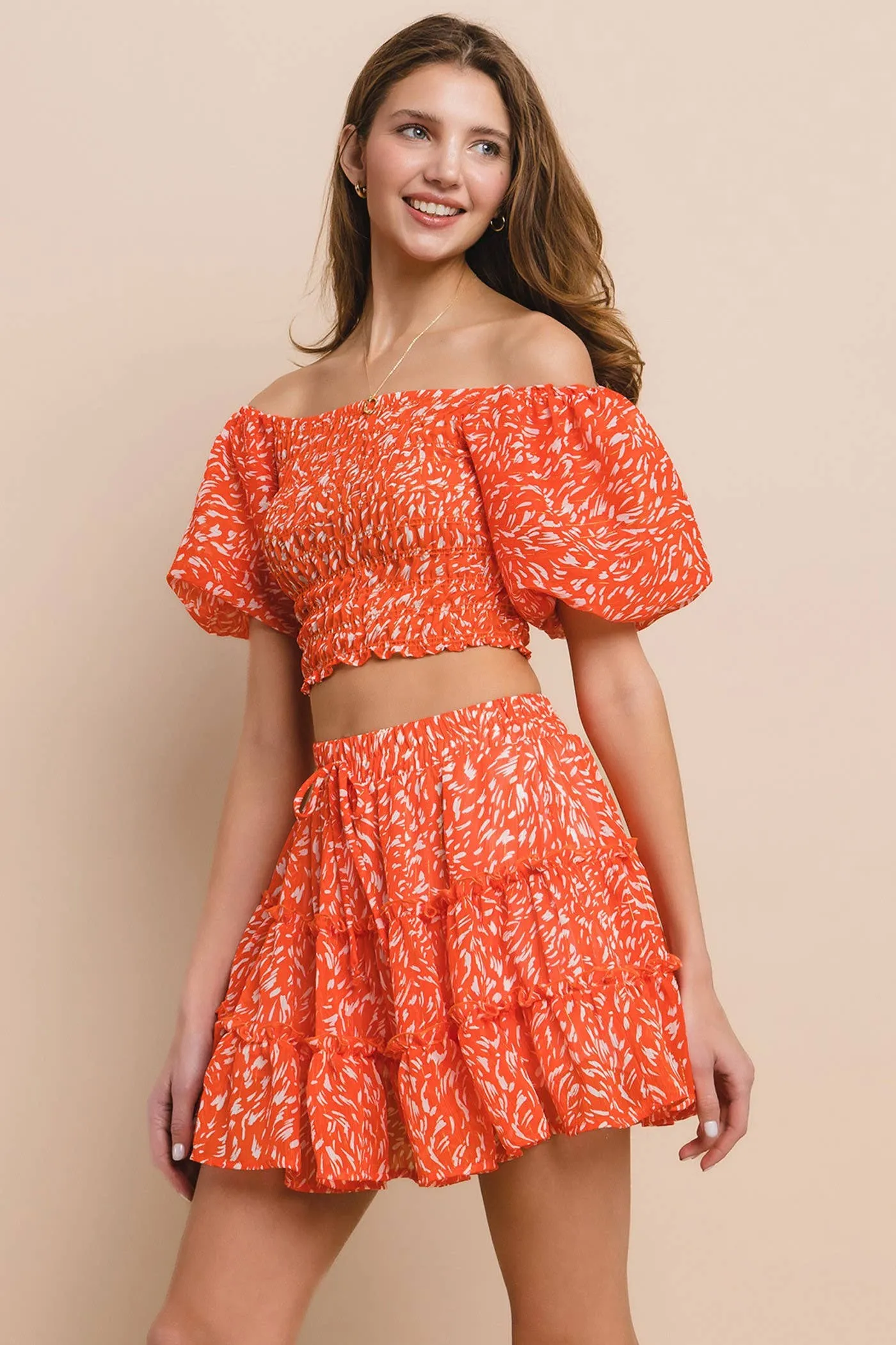 Printed Chiffon Top and Skirt Set