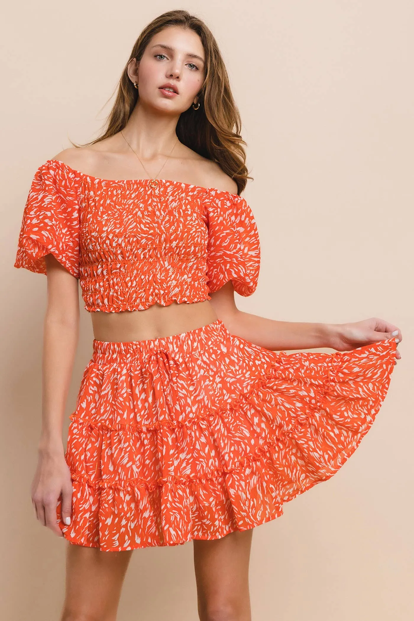 Printed Chiffon Top and Skirt Set
