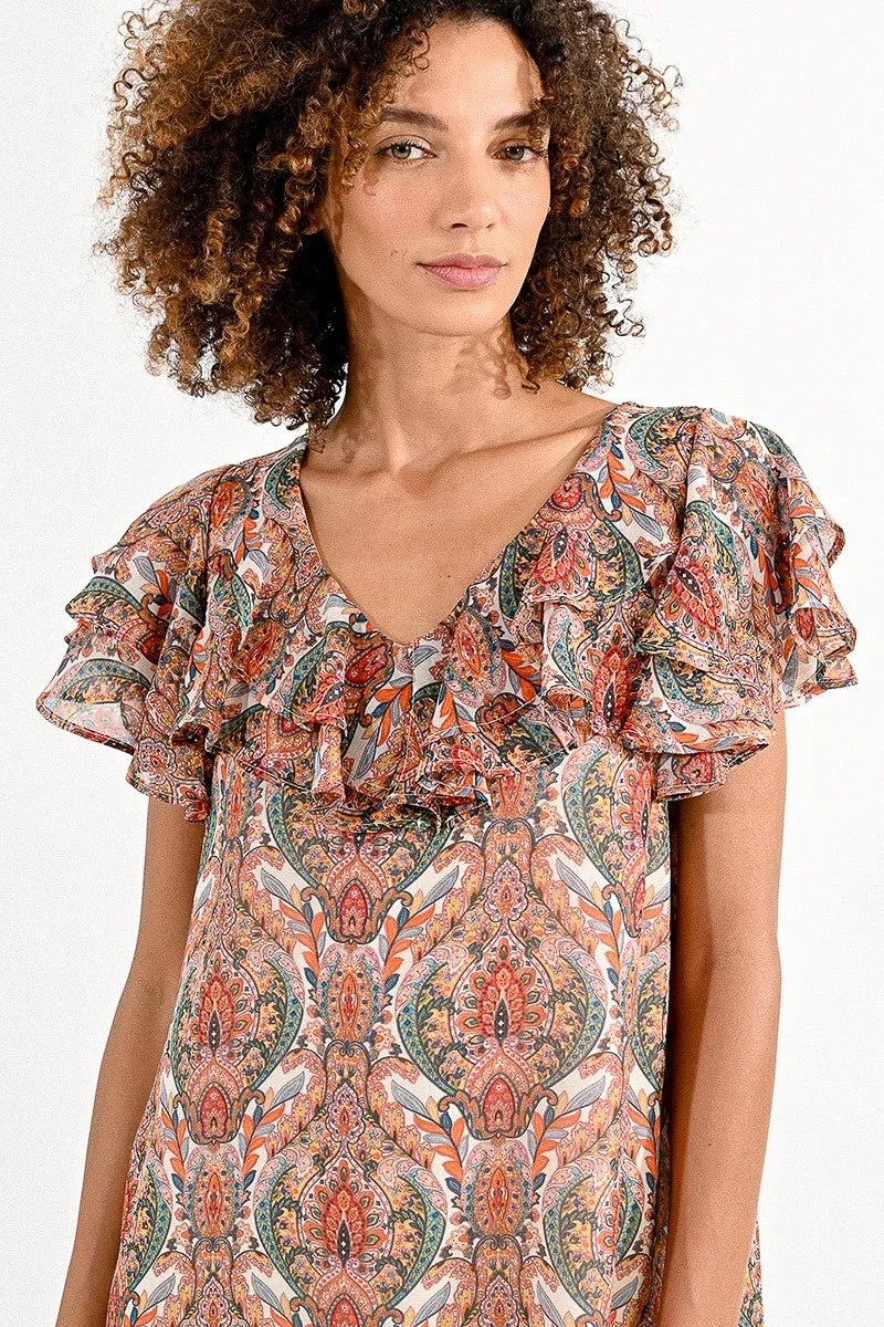 PRINTED DRESS WITH RUFFLED NECKLINE