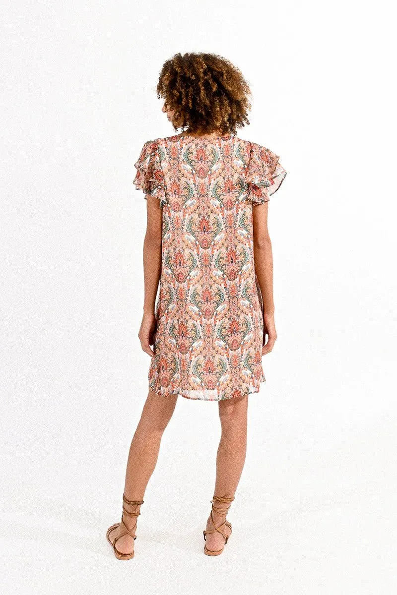 PRINTED DRESS WITH RUFFLED NECKLINE