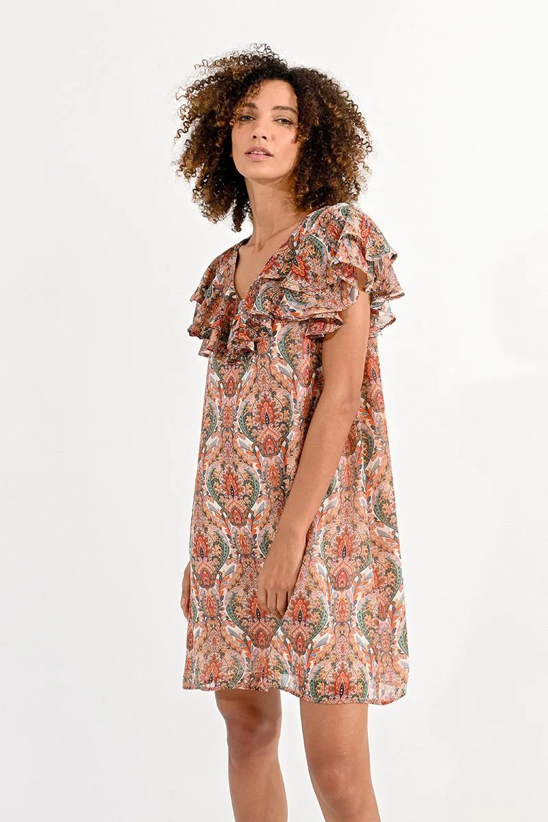 PRINTED DRESS WITH RUFFLED NECKLINE