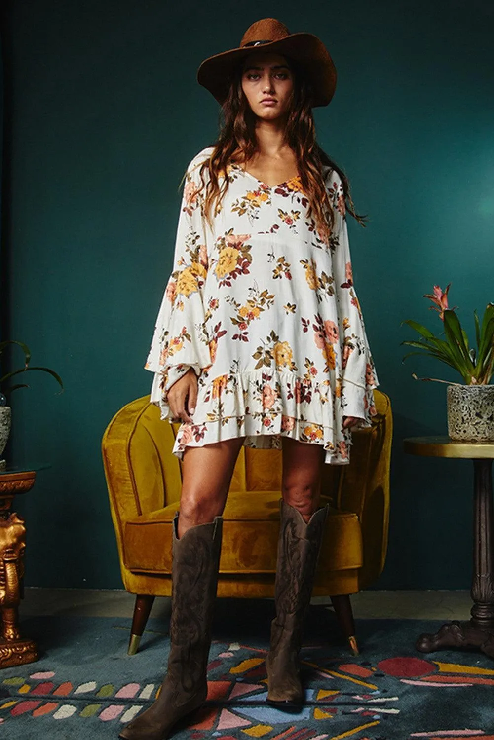 Printed Floral Layered Sleeve Mini Dress