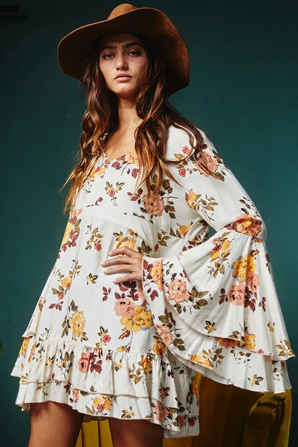 Printed Floral Layered Sleeve Mini Dress