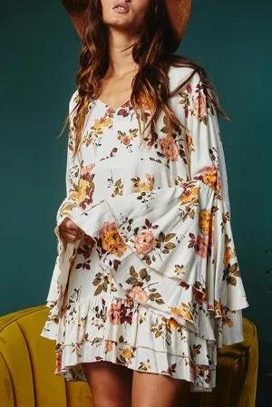 Printed Floral Layered Sleeve Mini Dress