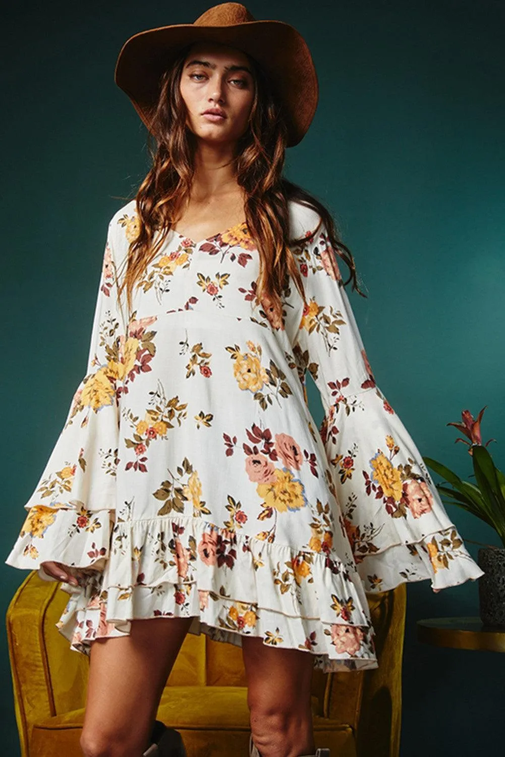 Printed Floral Layered Sleeve Mini Dress