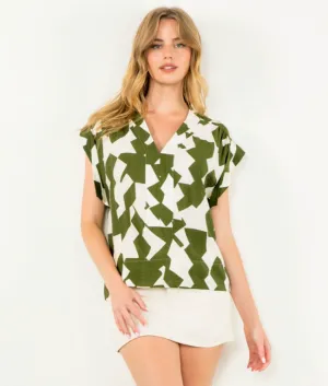 Printed Geo Blouse-Olive