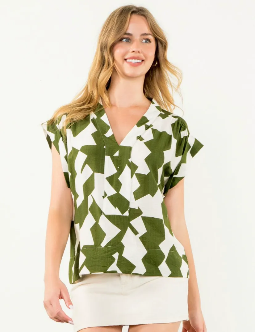 Printed Geo Blouse-Olive