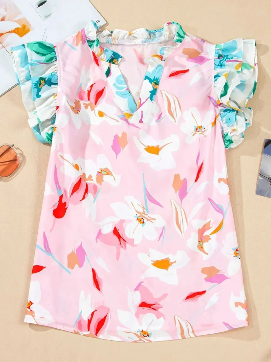 Printed Notched Cap Sleeve Blouse