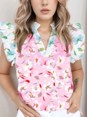 Printed Notched Cap Sleeve Blouse