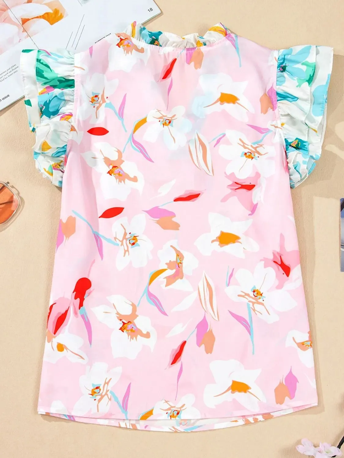 Printed Notched Cap Sleeve Blouse